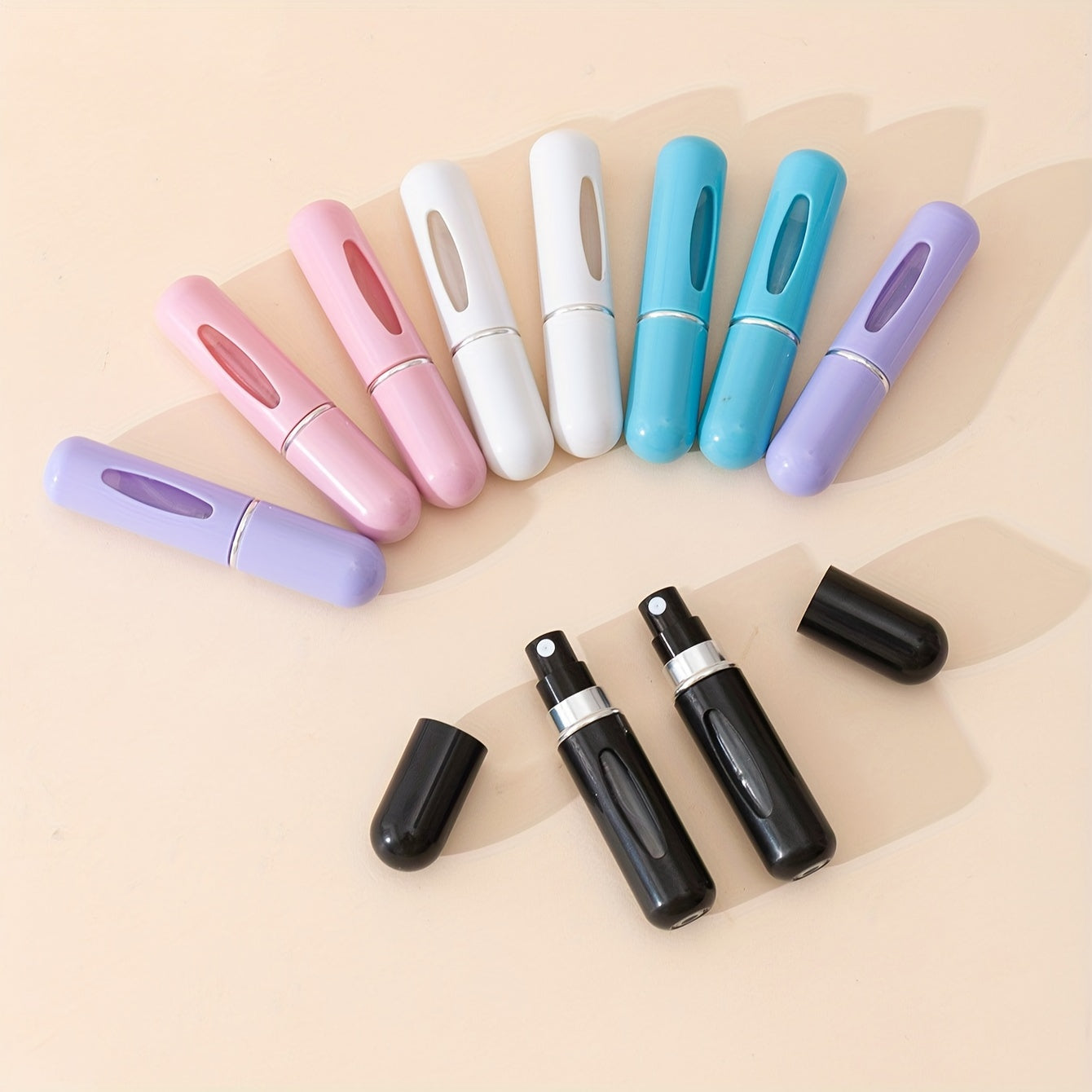 10 count of 5ml portable fine mist spray bottles for perfume, oil, cologne, and liquid. Easy-pump design for convenient travel refill.