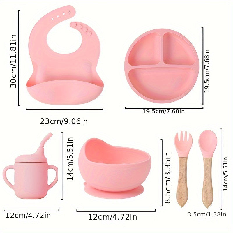 Set of 6 Silicone Feeding Items, Including Suction Bowl, Divided Plate, Self-Feeding Dish, Spoon, Fork, Sippy Cup, Adjustable Bib, and Eating Utensils for Led Weaning.