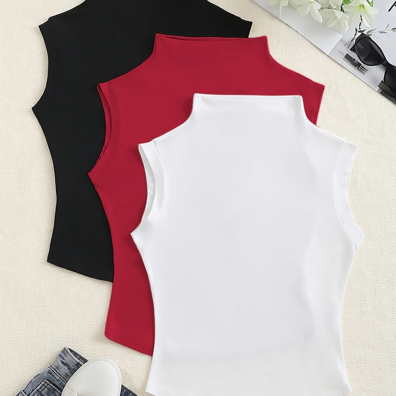 3-piece set of stylish women's sleeveless outfits with small stand-up collar