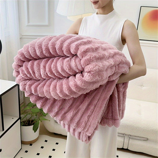 Vintage Style Coral Fleece Throw Blanket with Soft Striped Polyester Plush for Couch, Sofa, and Knee - Woven Craftsmanship, Versatile All-Season Knitted Throw with Unique Textured Design - Ideal Gift Blanket