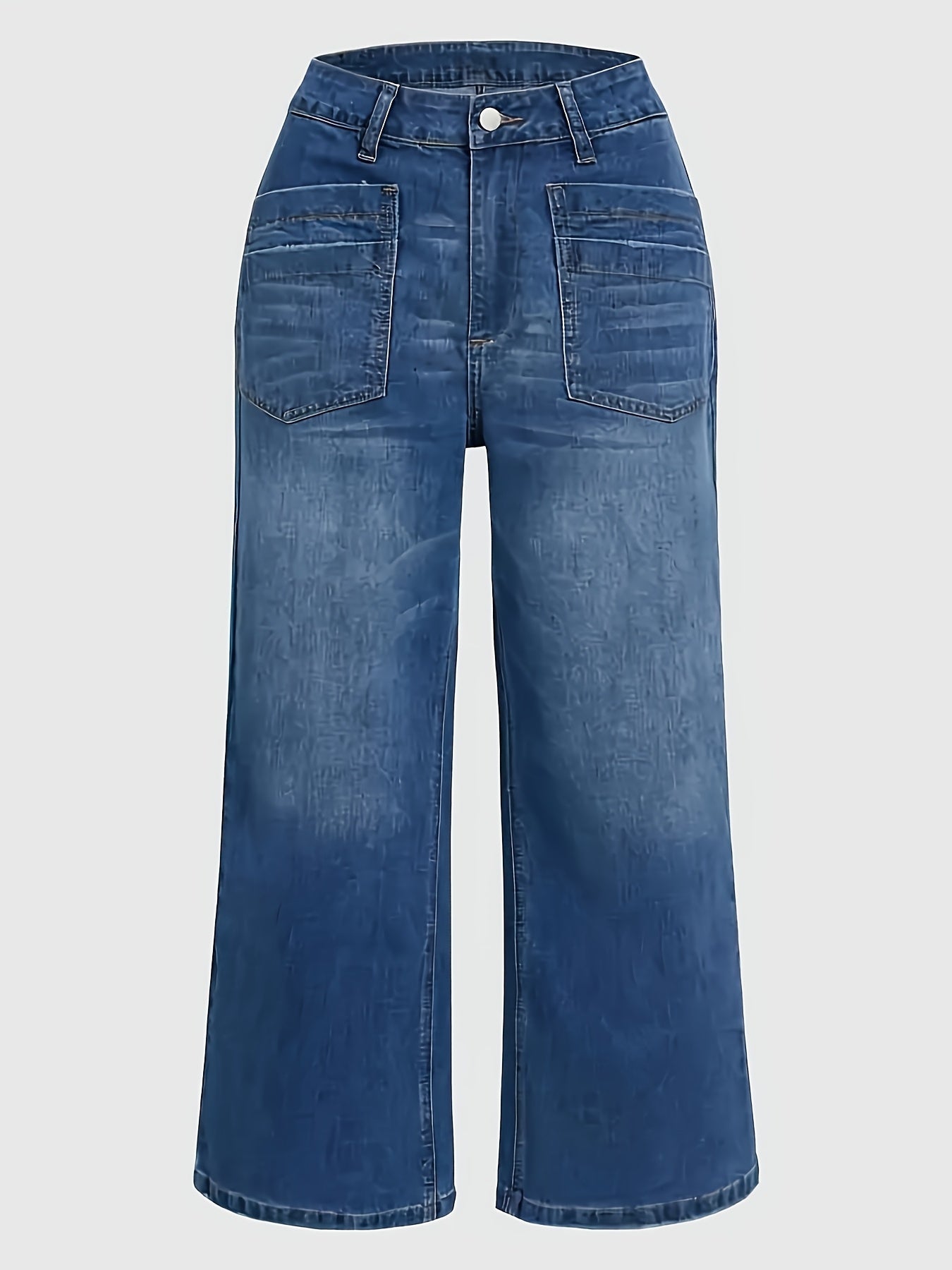 Wide leg high-waisted denim jeans for women in soft blue cotton with slant pockets, loose fit, and mid-rise. Comfortable for all seasons.