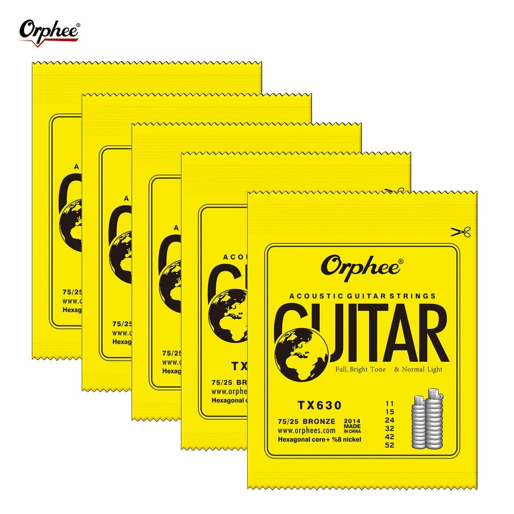 Five sets of high-quality acoustic guitar strings with six strings each, ranging in thickness from 0.25 to 1.34mm for enhanced sound and durability, producing a rich and full tone.