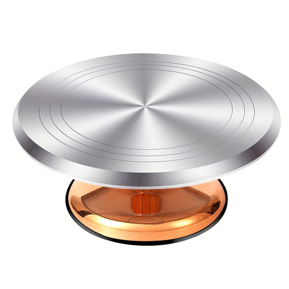 This versatile cake decorating turntable features a golden aluminum alloy surface with an anti-slip plastic base. It can be used for various tasks such as cake decoration, clay sculpting