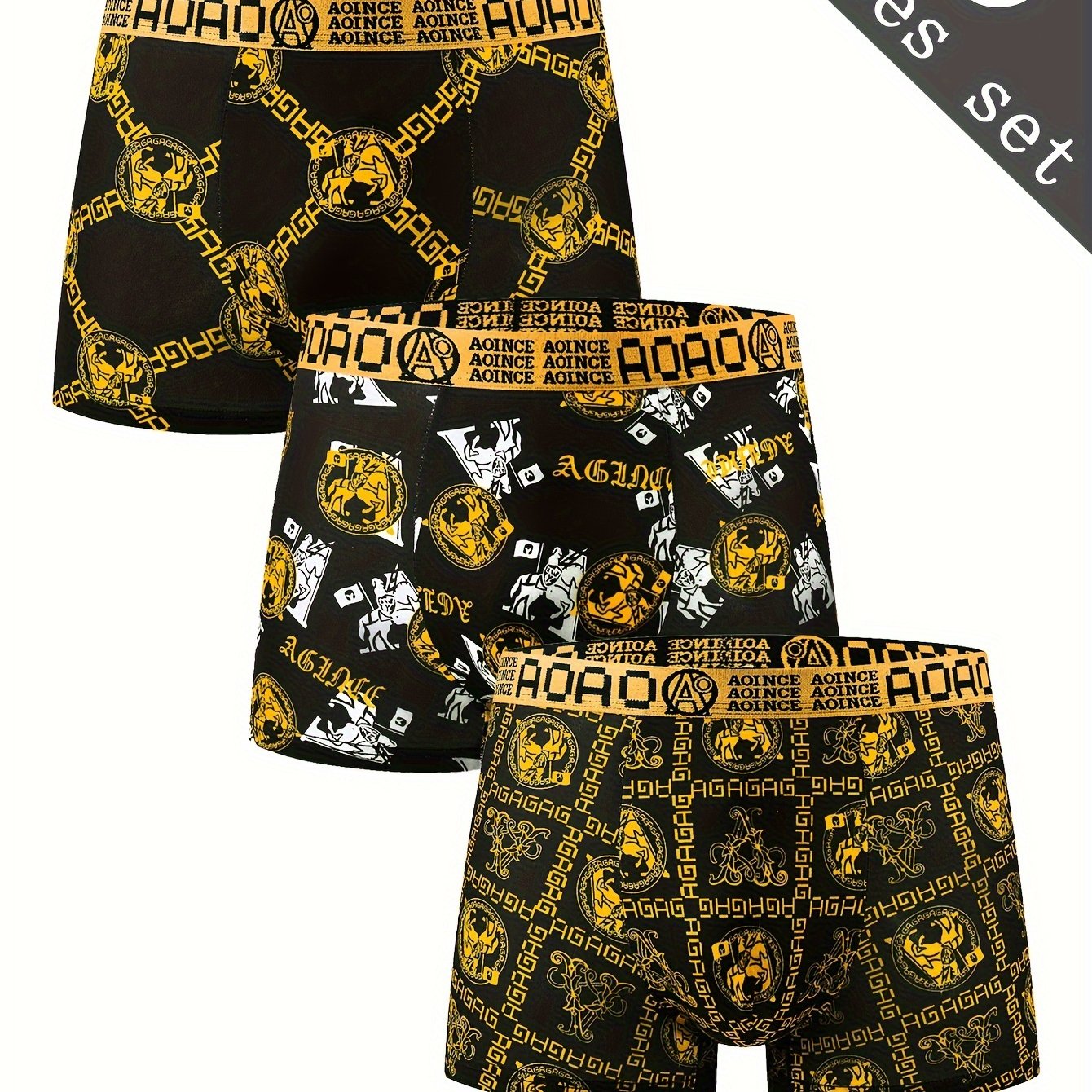 Set of 3 Men's stylish boxer briefs with black and golden chain print, quick-drying and breathable for sports.