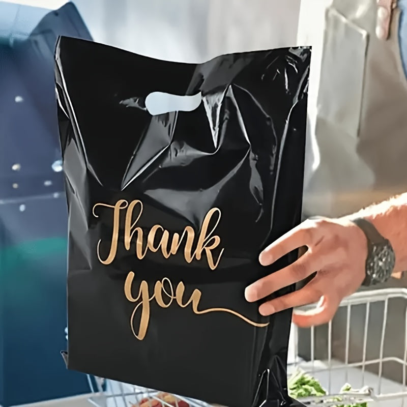 100-Pack Premium Black PE Thank You Bags with Die Cut Handles. Water-resistant and reusable. Ideal for boutiques, parties, and holiday gifts.