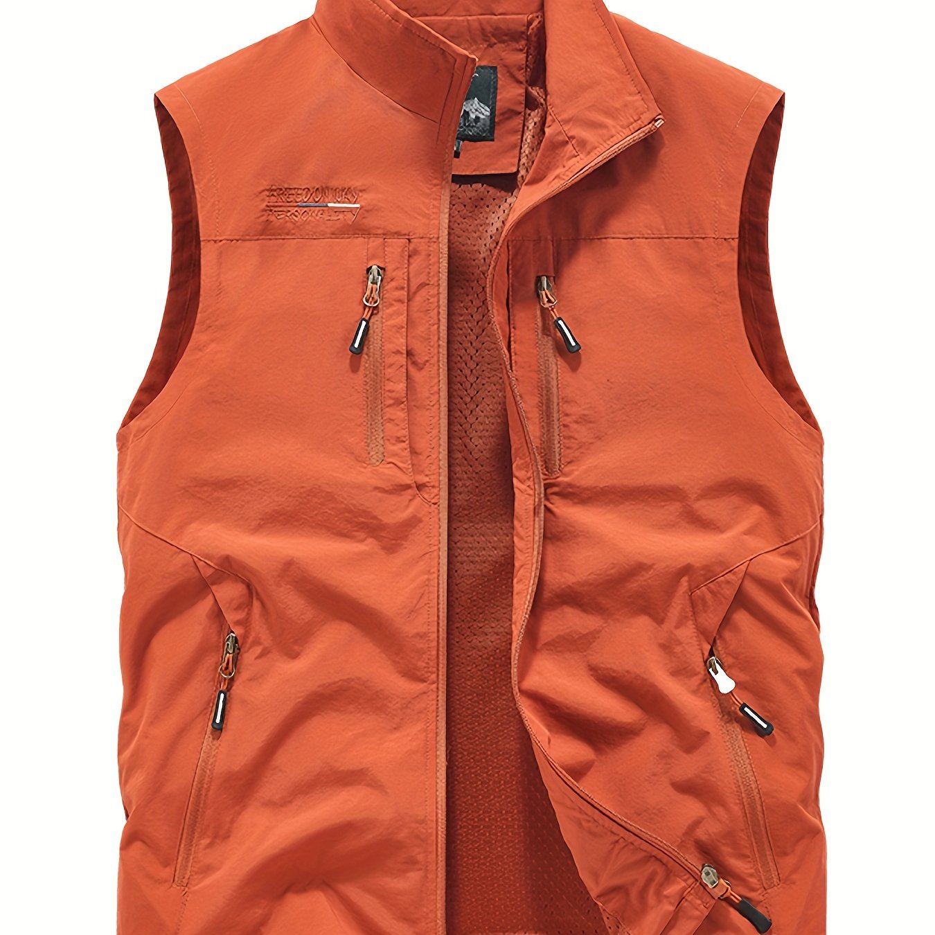 Men's Nylon Fishing Vest with Stand Collar, Multi-Pocket Design, Polyester Lining, Regular Fit