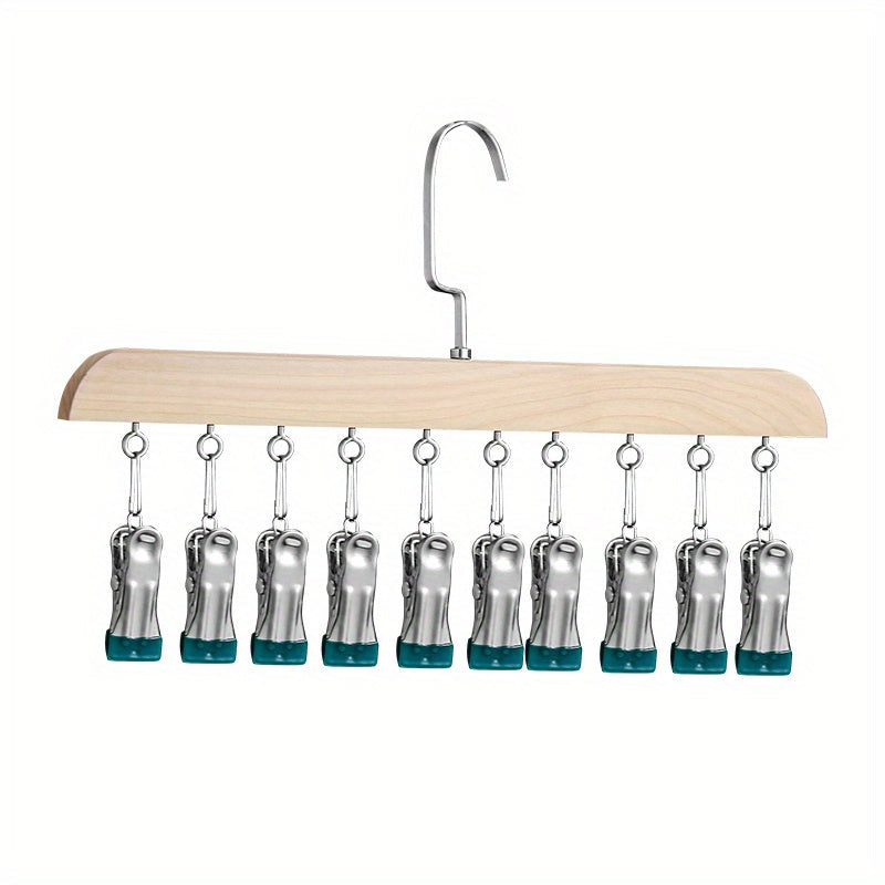 Wooden hanger and hat rack with 10 stainless steel clips for organizing underwear, ties, bras, scarves, belts, and more in the bathroom, bedroom, closet, wardrobe, or home storage.