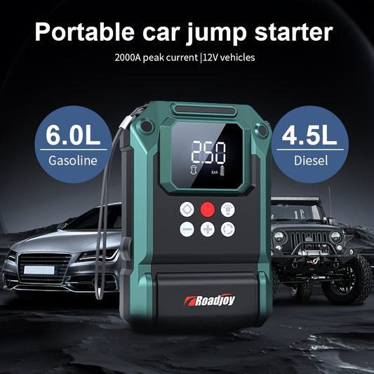 Portable car jumper starter with 10000mAh lithium battery, rechargeable and equipped with digital tire inflator, air compressor, USB charging, and jump box. Operating voltage of ≤36V for