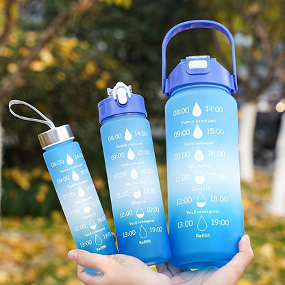 Set of 3 sports water bottles with time marker, leakproof design, and one-click open lid. Great for fitness and outdoor activities.