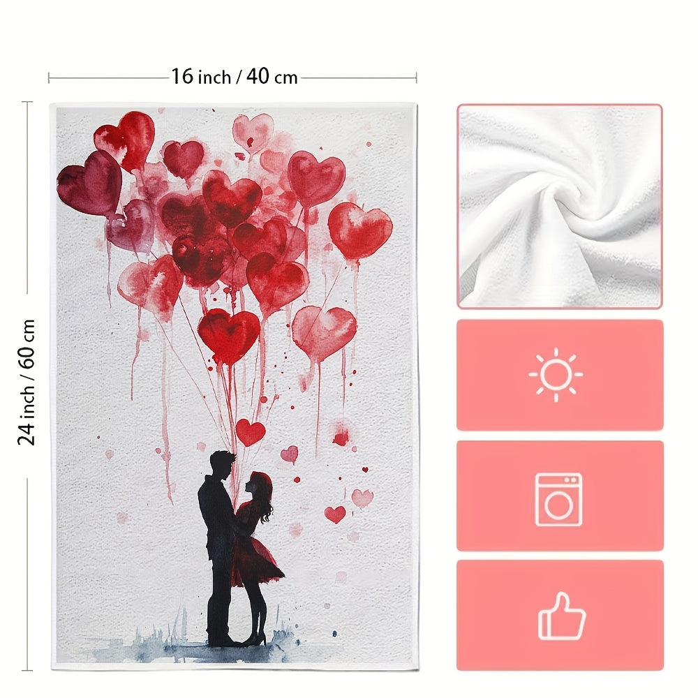 Set of 2 Romantic Valentine's Day Kitchen Towels - Made from Ultra Soft & Highly Absorbent Polyester, Measuring 40.64x60.96 cm, These Machine Washable Dish Hand Towels Feature a Charming Heart Balloon Illustration - Perfect for Holiday Decor & Thoughtful