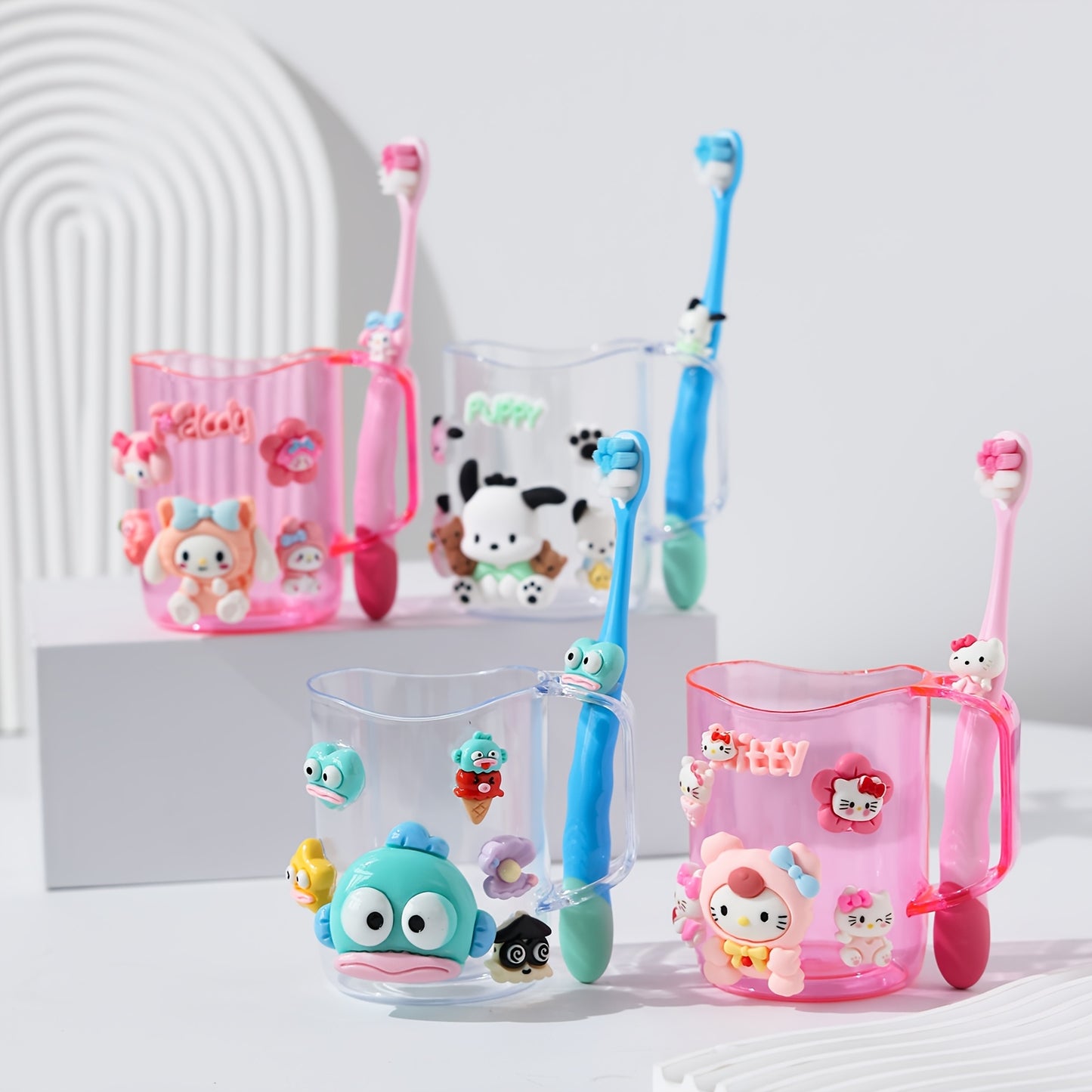 2pcs Sanrio Cute Cartoon Kuromi, Melody toothbrush holder set made of durable PP material for both men and women. Includes mouthwash cup and toothbrush.