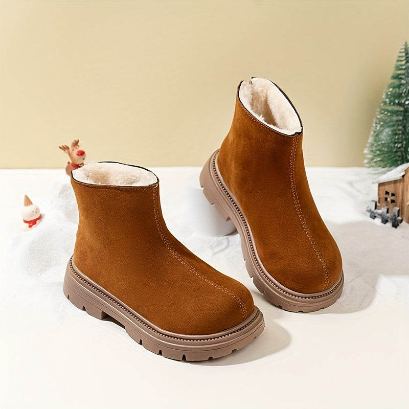 Stylish winter ankle boots with cozy plush lining, durable PVC sole, side zipper, round toe, brown upper with black trim. Perfect for boys and girls, casual snow booties for cold weather.