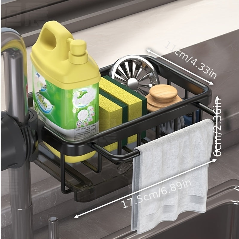 Introducing a versatile kitchen sink storage solution: a multifunctional hanging basket made of durable space aluminum. Complete with a convenient cloth holder and a draining tray, perfect for various household tasks.