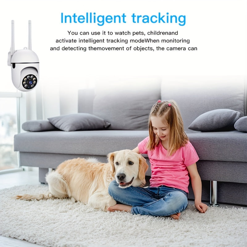 HD WiFi security camera with 1080P night vision, AI motion detection, 355° intercom, dual audio, indoor/outdoor surveillance system powered by USB.