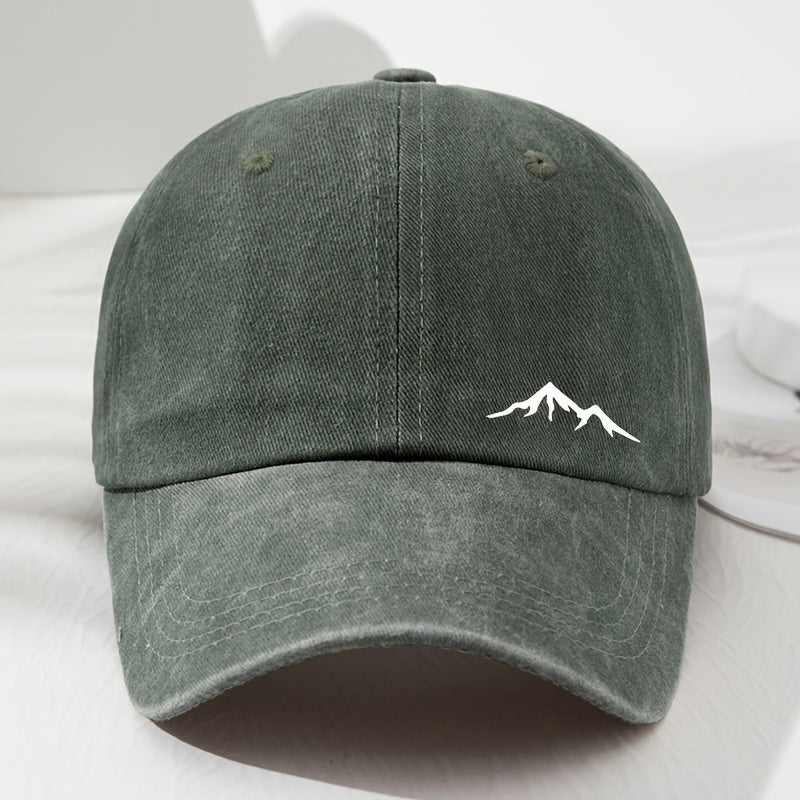 Retro baseball cap with mountain view print, soft top dad's hat, sun protection, ideal for sports, fishing, picnic, and camping.