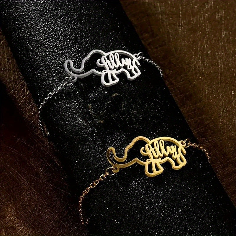 Stylish 18K Golden Plated Stainless Steel Bracelet featuring a Hollow Elephant design and customizable name. This Boho Style accessory is perfect for everyday wear and makes a great gift for special occasions like Christmas and Valentine's Day.