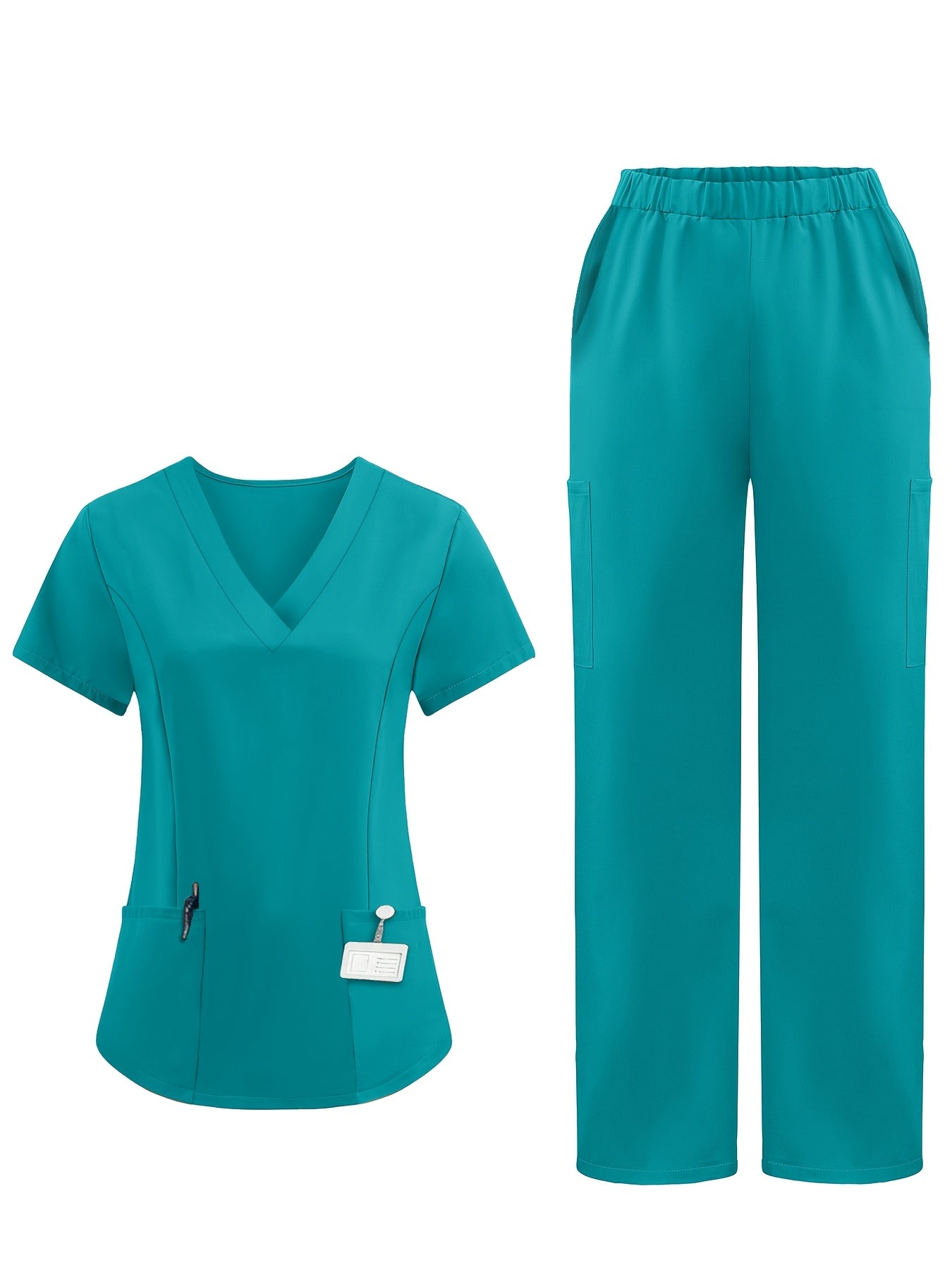 Short-sleeved V-neck work attire, hand-washable, with functional patch bag.