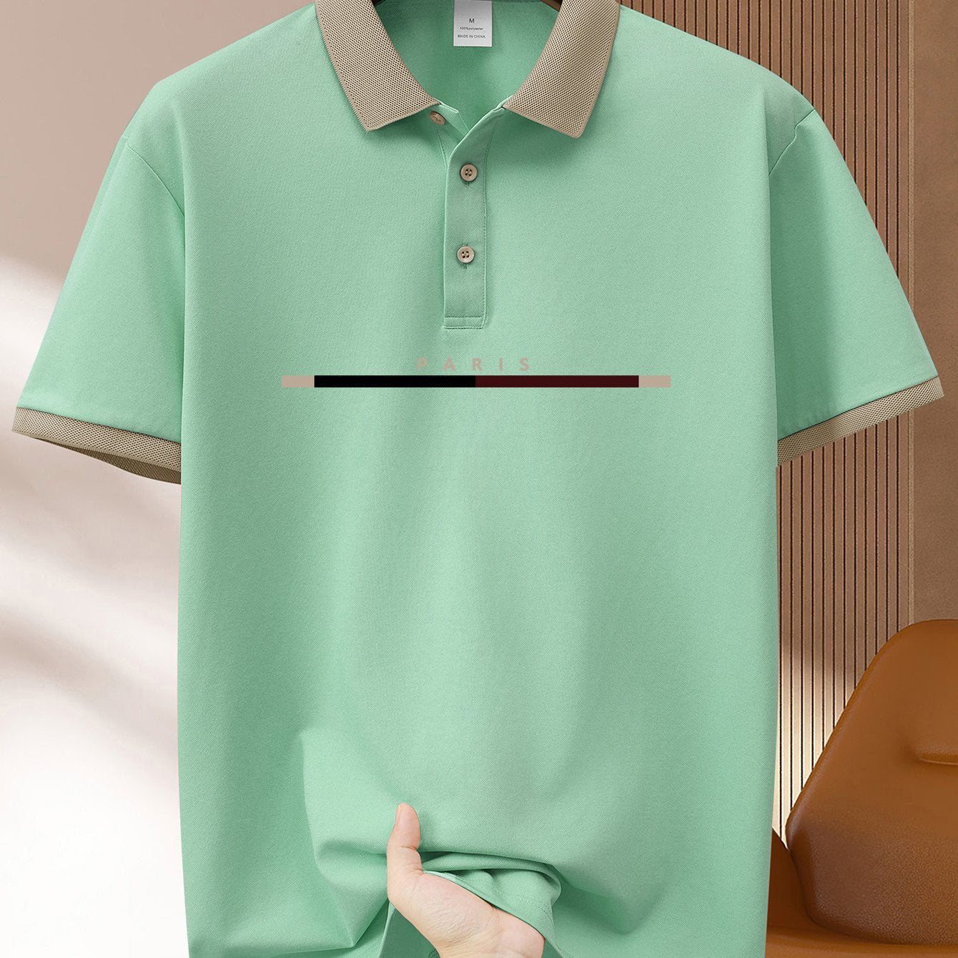 1pc Men's casual polo shirt with geometric pattern made of summer knit polyester, featuring a button collar and short sleeves. Available in navy blue, light green, khaki, black, and pink.