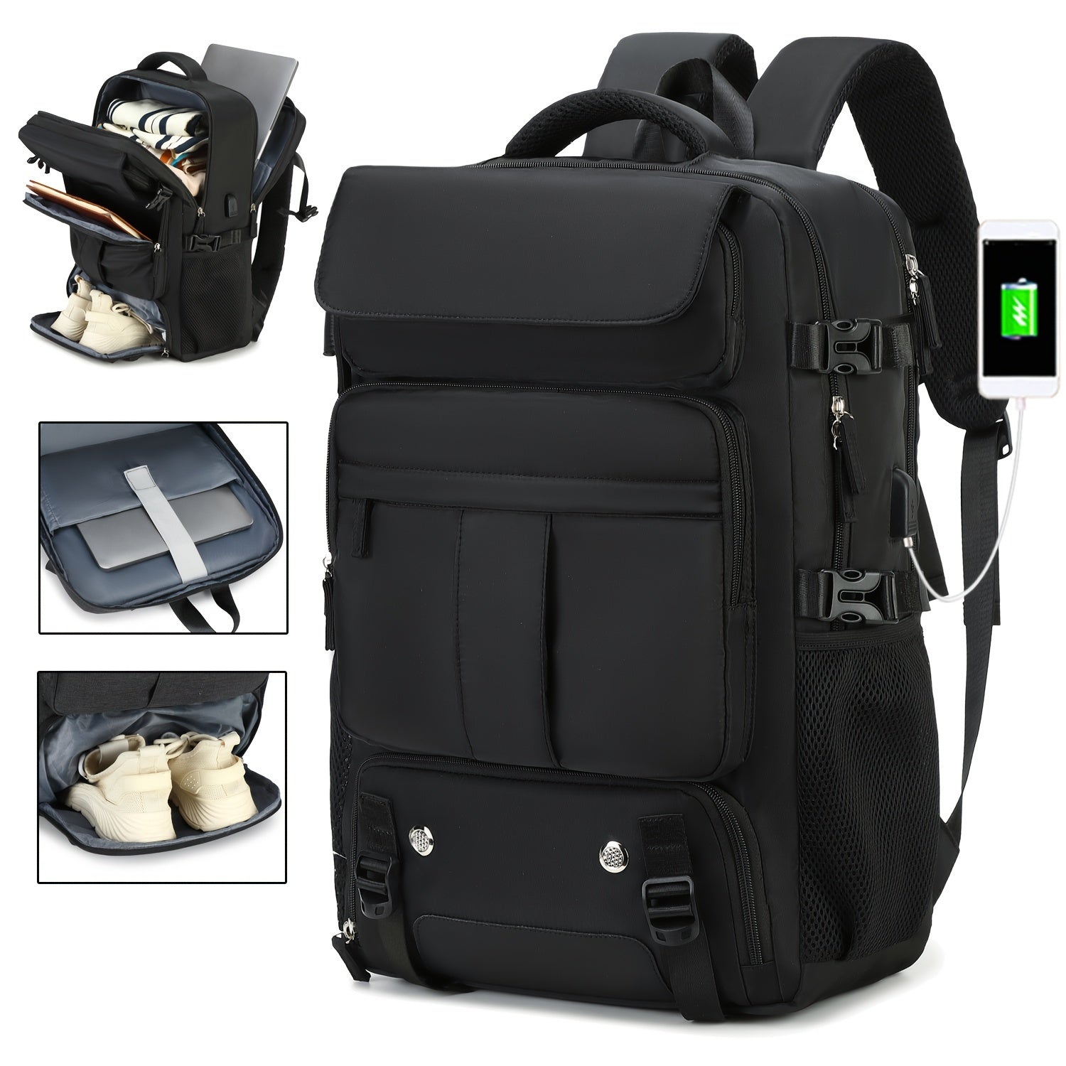 Men's travel backpack for 15.6-inch laptops with outdoor sports shoe compartment, airline-approved casual hiking backpack.