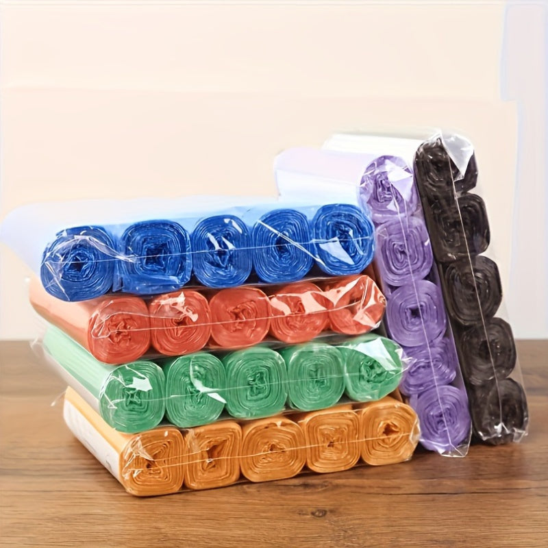 Get a pack of 5 rolls containing 100pcs of high-quality disposable trash bags. Made of durable plastic, these bags are foldable and suitable for use in the office, living room, bedroom, bathroom, and kitchen cleaning.