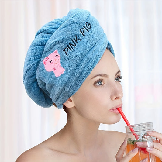 Soft coral fleece hair towel wrap with quick dry, thick material, cute cartoon design, double layer embroidery for extra absorption, and non-shedding shower cap.