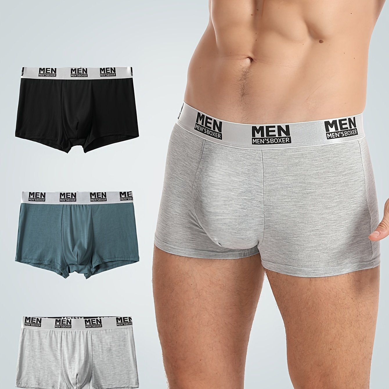 Set of 3 Men's Boxer Briefs in Black, Gray, and Dark Blue, featuring "MEN" Print, Breathable, Comfort Fit, Soft & Stretchy, Machine Washable.