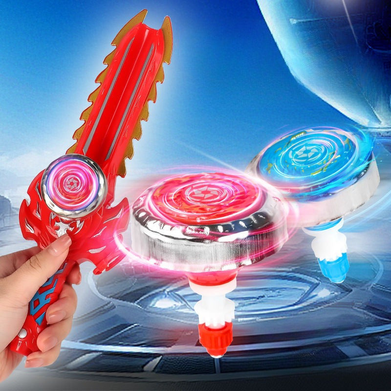 Two people duel with gyro swords while children play with objects and toys.