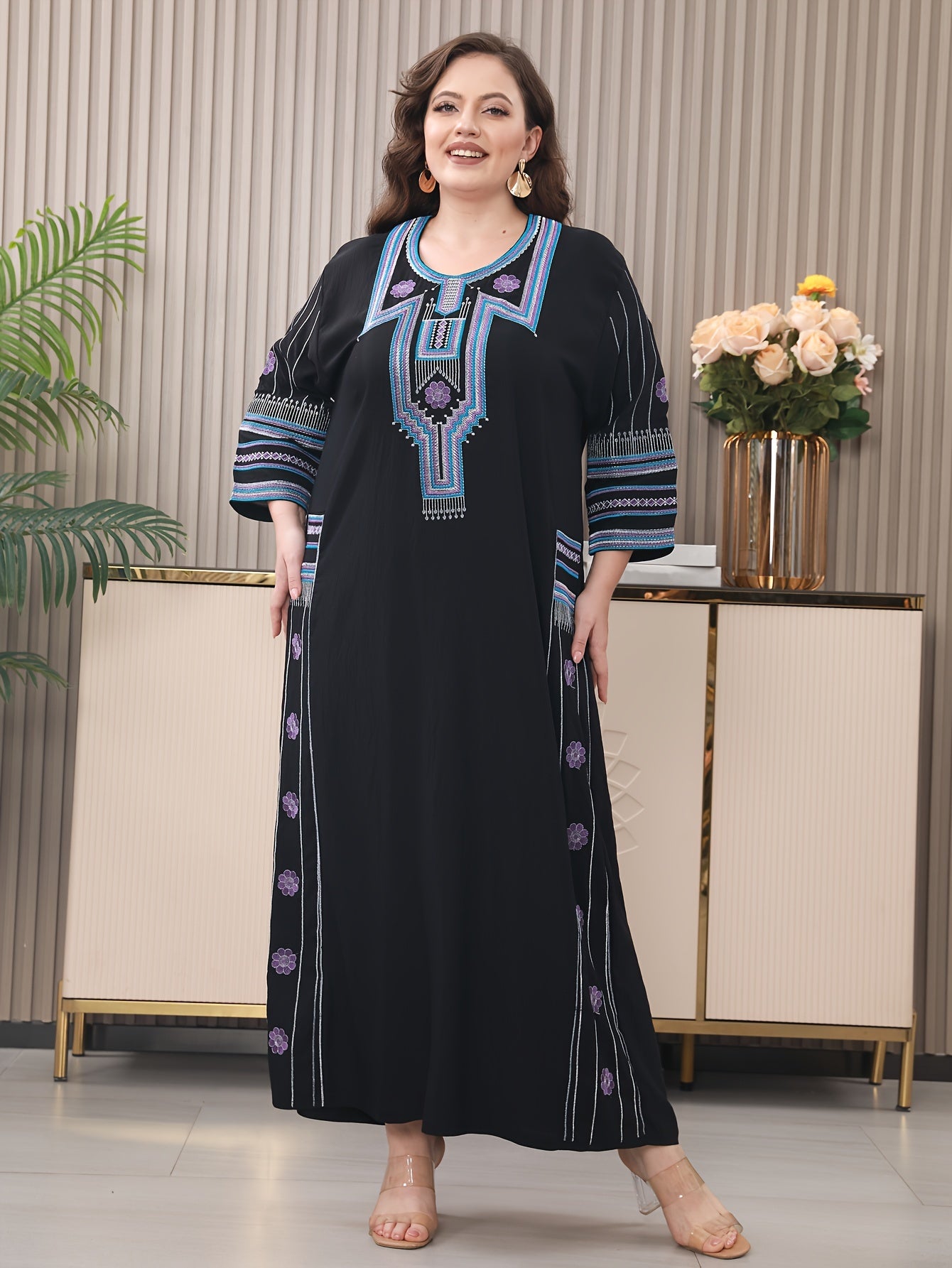 Embroidered kaftan dress in tribal pattern, loose fit, suitable for all seasons, made from polyester blend with rayon and spandex, has three quarter length sleeves and non-stretch woven