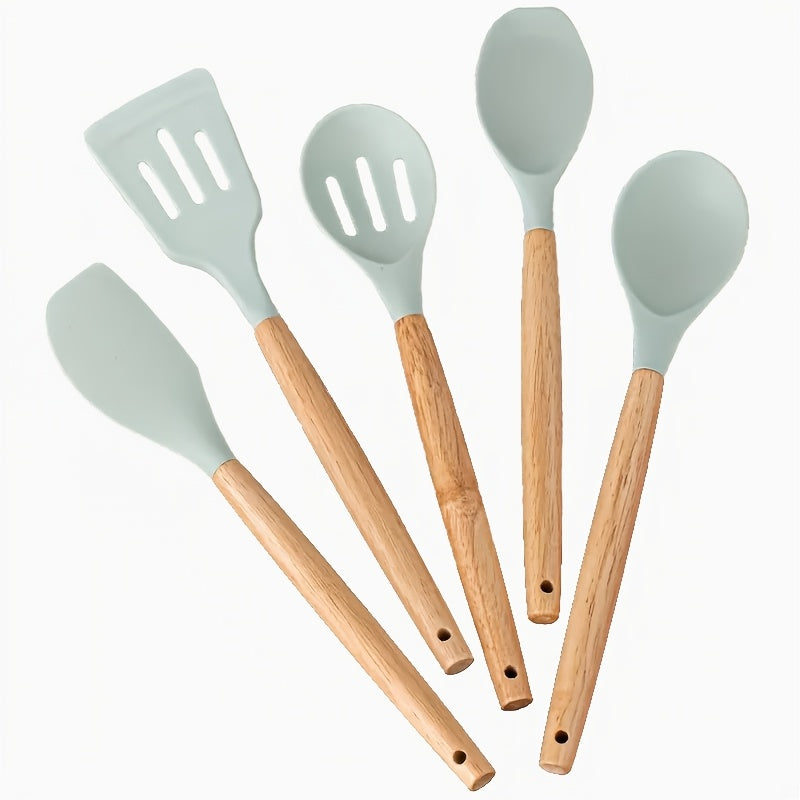 5-piece Non-Stick Kitchen Utensil Set with Wooden Handles, Safe for Food Contact - Ideal for Frying, Serving Soup & Sauces