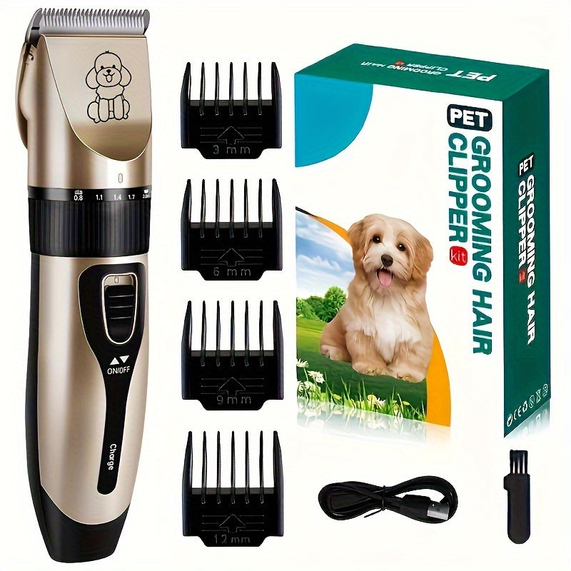 USB rechargeable electric clippers with ceramic blades for grooming cats and dogs.