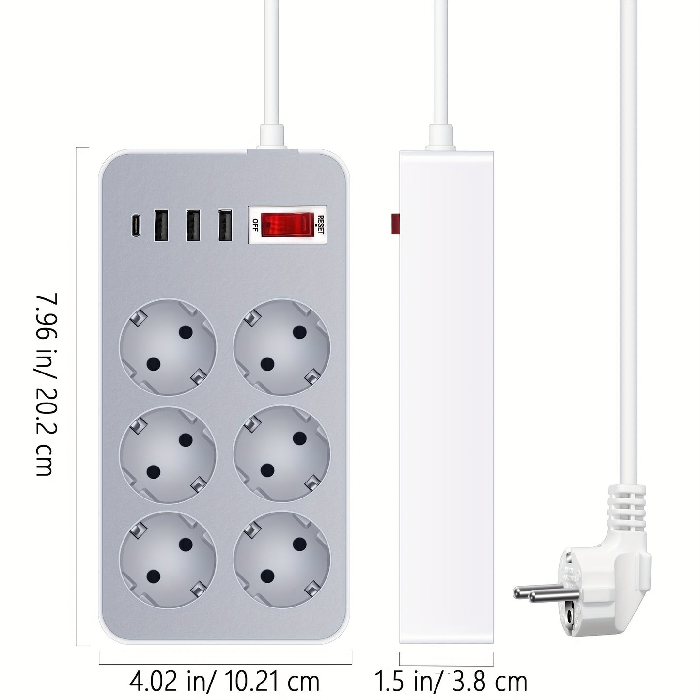 10-in-1 kuchlanish himoyasi uchun kuch ta'minoti, 6 ta AC chiqishi, 3 ta USB-A porti, 1 ta USB-C porti, On/Off kaliti - Yevropa standartidagi ulagich bilan o'rnatilishi mumkin bo'lgan kuch ta'minoti