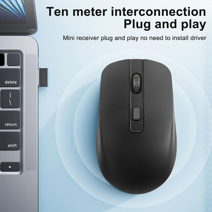 Battery powered 4D Button Wireless Optical Mouse with an ambidextrous plastic design for laptops and desktops - battery not included.