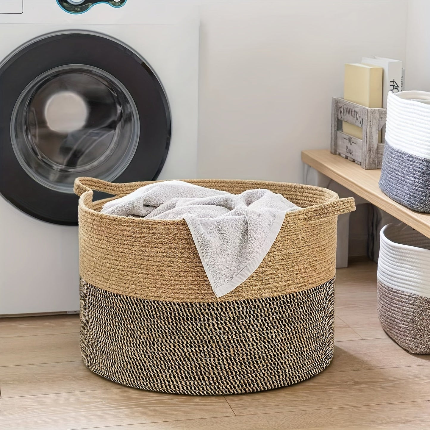 Spacious Bohemian Style Rope Basket - 55.12cm x 55.12cm x 35.05cm - Handwoven Basket with Handles for Laundry, Toys, Blankets | Multi-Purpose Round Hamper for Home Decor & Organization, Laundry Storage, Laundry Bins