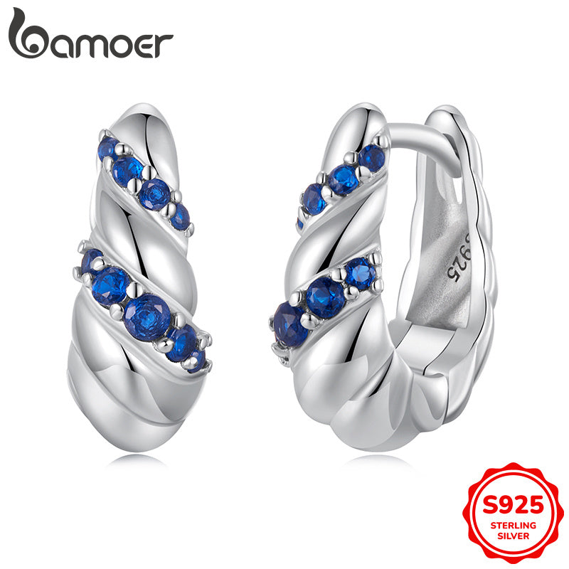 925 Sterling Silver Hoop Earrings - Blue Twisted Design with Synthetic Zirconia, Ideal for Music Festival, Party, or Everyday Wear - Luxury Pair for Allergy-Free Sparkle