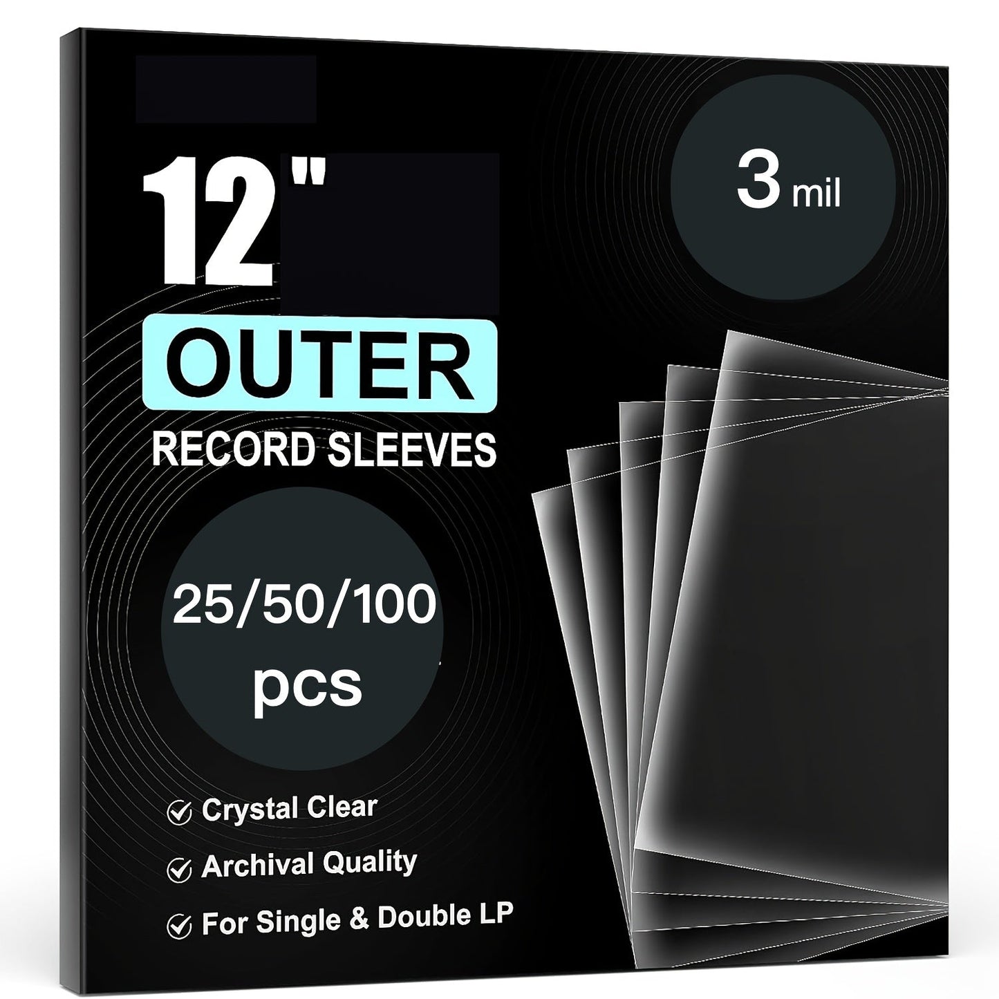 We have vinyl record jackets available in packs of 100, 50 or 25. These 12-inch LP jackets are durable, wrinkle-free, and crystal clear. They are made of high-density polypropylene and are 3mm thick. Each jacket measures 12.75 inches by 12.75 inches