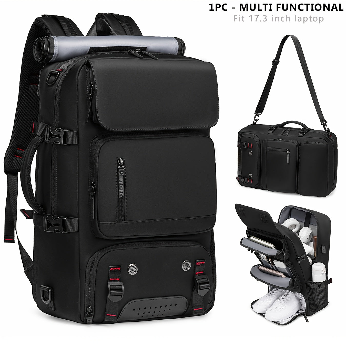 Versatile large backpack with shoe compartment & USB port for outdoor activities, business, and college. Great gift idea for men and women.