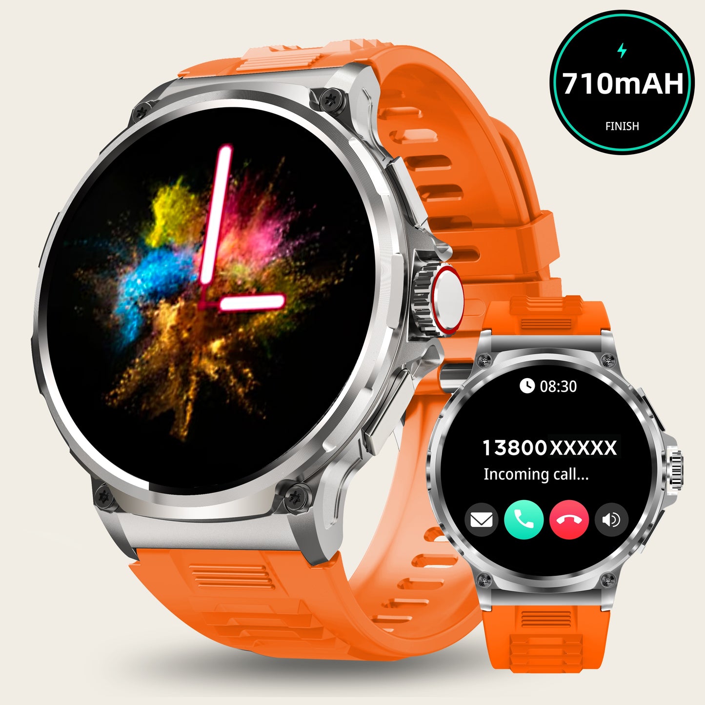 TIZOOP Outdoor Smart Watch features a 4.7cm HD display, 710mAh long-lasting battery, 100+ sports modes, step tracking, activity reports, and water resistance for both Android and iOS phones.