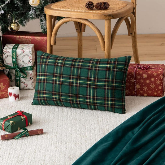 Set of 2 Vintage Plaid Christmas Pillow Covers made of 100% Linen with Zipper Closure, Hand Wash Only. Add a festive touch to your farmhouse decor with these red and green pillows suitable for various room types. Featuring a classic plaid design and