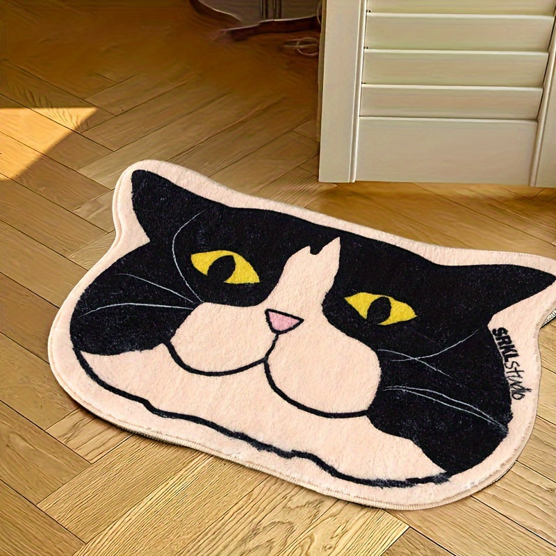 One piece of faux cashmere cat-shaped rug with non-slip and absorbent features, perfect for home bedroom use. This soft and wear-resistant doormat is made of machine washable polyester material. Great for adding a cozy touch to your living space.