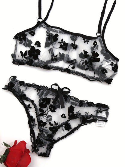 Sexy mesh flower lingerie set with transparent details - adult size, 2 pieces