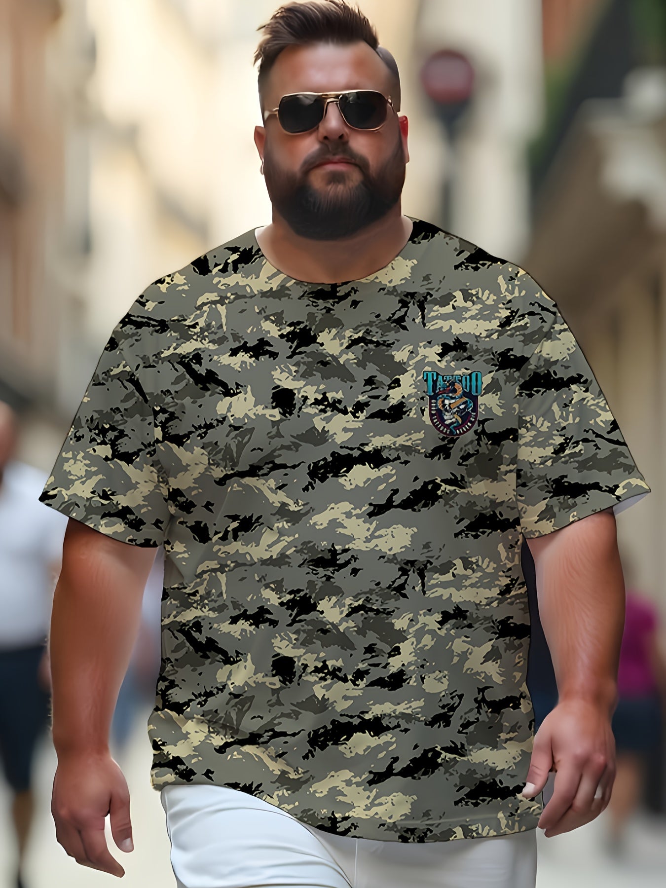 Regular fit camo print tee for plus size men with tattoo art design, suitable for casual, sports, and party wear.