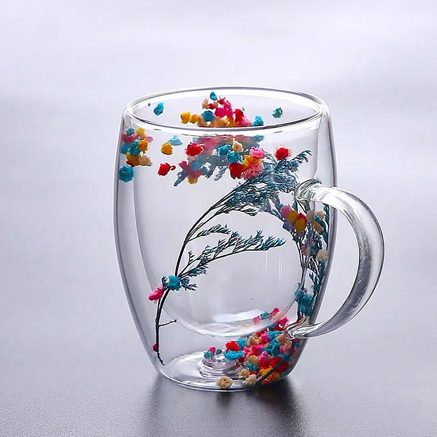 Double layer coffee cup mug with fresh flowers, suitable for home and office, perfect holiday gift.