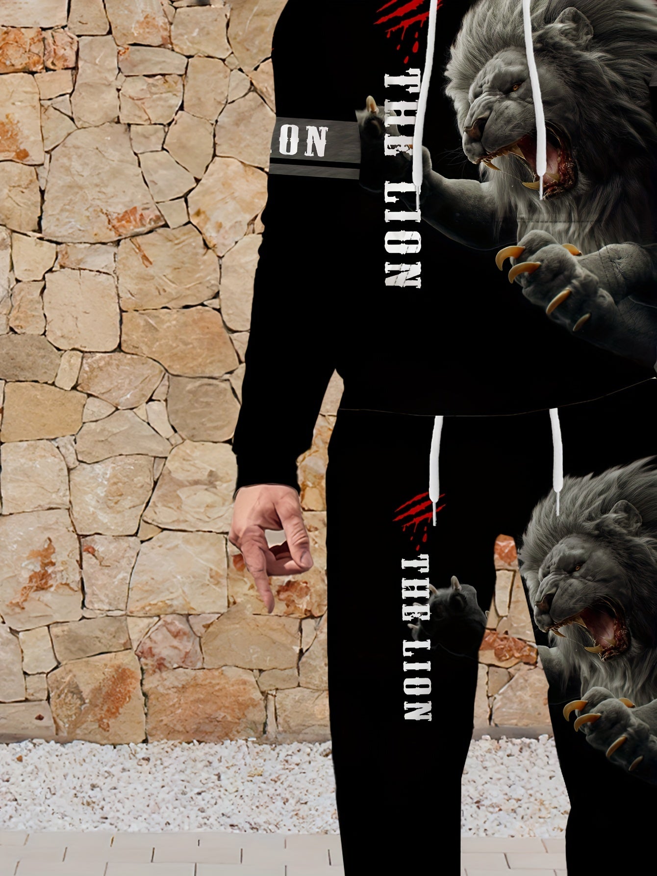 Men's Fierce Lion Graphic Hoodie & Sweatpants Set - Casual, 2-piece polyester outfit, long sleeve, machine washable, perfect for spring/fall.