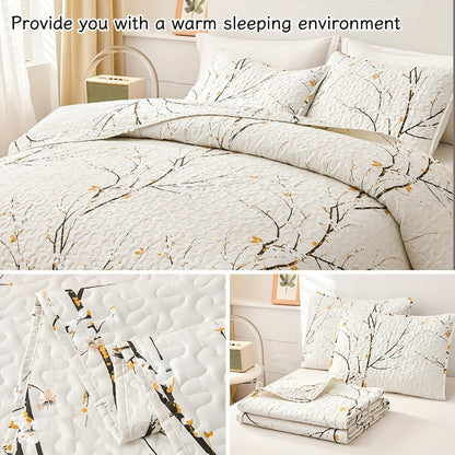 Elegant Plum Blossom Quilt Set includes 3 pieces (1 Quilt + 2 Pillowcases, Core not included). Made with skin-friendly, soft and breathable materials, this bedding is warm and comfortable for all seasons. Perfect for hotel or bedroom use.