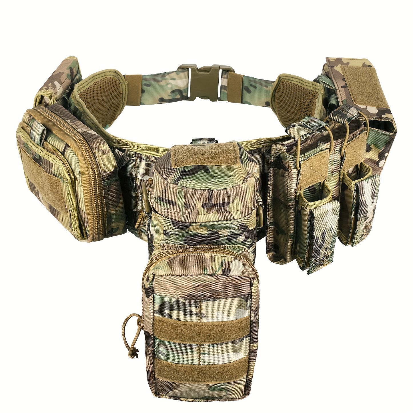 BOMTURN Tactical Utility Belt Set with MOLLE System includes 7 pieces of camouflaged polyester gear suitable for hunting and fishing.