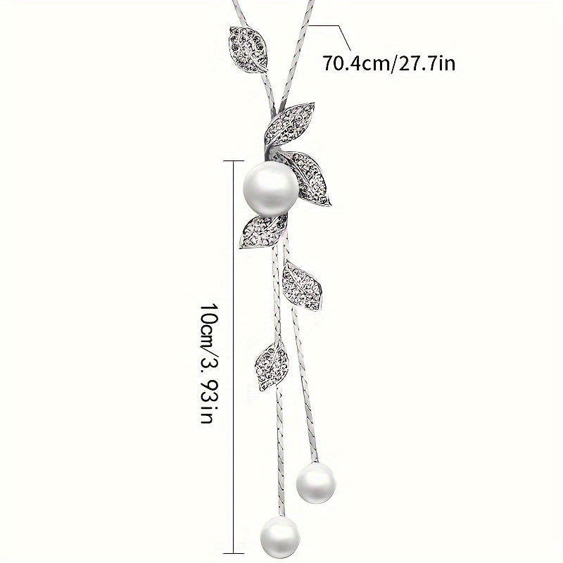 Long Sweater Chain Necklace with Imitation Pearl Leaf Tassel Pendant, Feminine Clothing Accessory