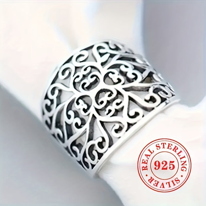 Vintage Bohemian Style 925 Sterling Silver Wide Band Ring featuring a stunning large openwork leaf design, perfect for weddings and gifts. This elegant piece showcases a neutral hollow vine pattern that is both timeless and versatile.