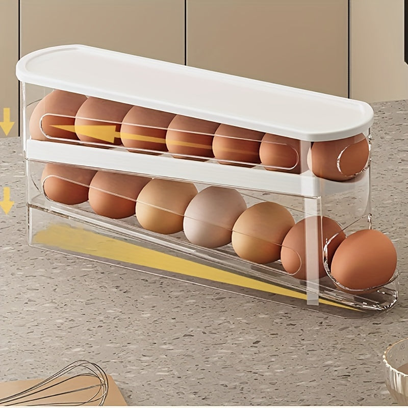 Compact double-layer egg storage box for refrigerator, made of durable, washable plastic. Perfect for home organization.