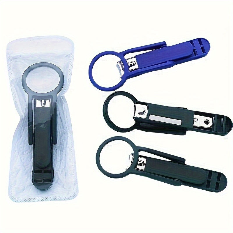 Ergonomic stainless steel nail clippers with magnifying glass, beveled edges, anti-splash design, perfect for all ages, seniors, and comfortable rubber handle.