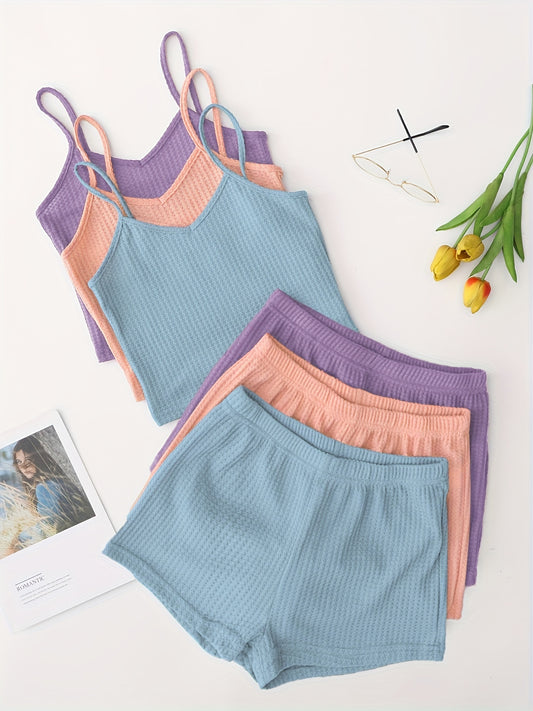 3-piece waffle lounge set for women: cami top, shorts with elastic waistband. Loungewear and sleepwear.